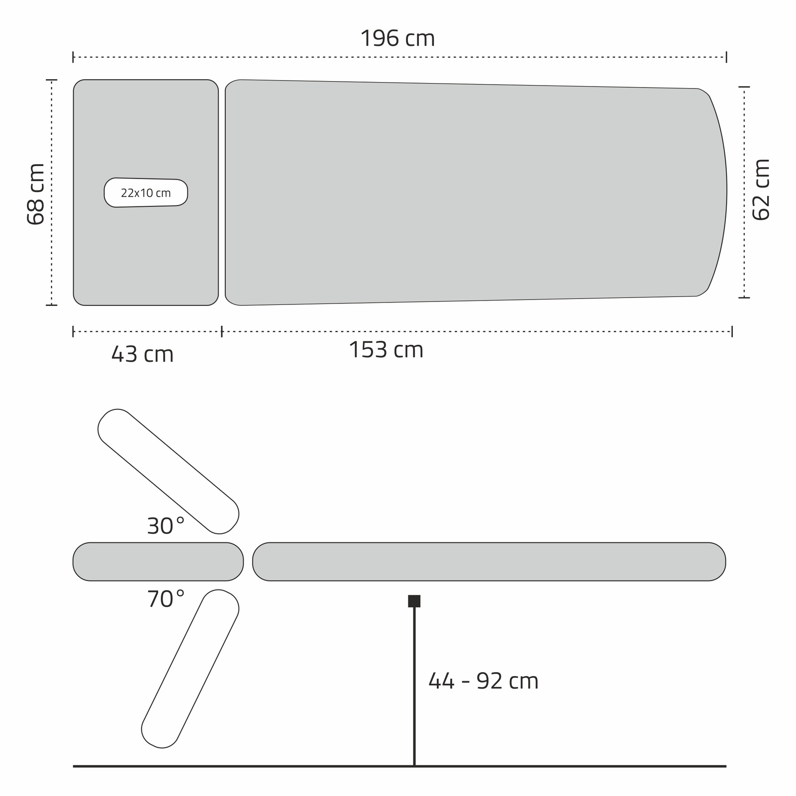 Schemă cu dimensiunile mesei de tratament electrice 2 secțiuni Agila 2