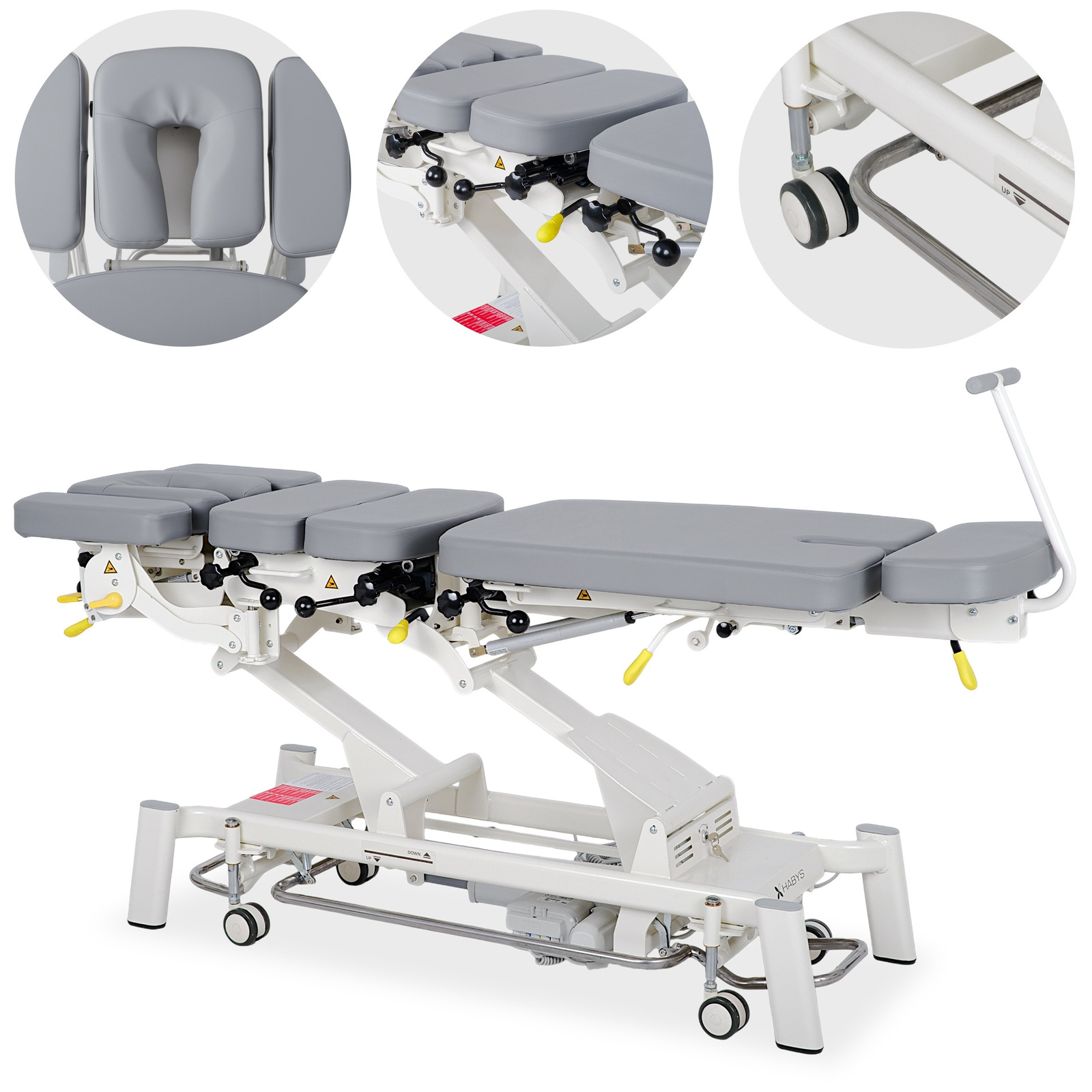Masă chiropractică drop electrică HABYS Upright Chiro Z7, vedere generală, tapițerie gri